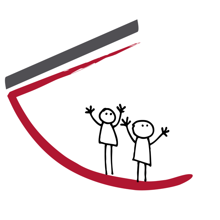 Zwei Strichmännchen stehen fröhlich auf einer geschwungenen Linie.