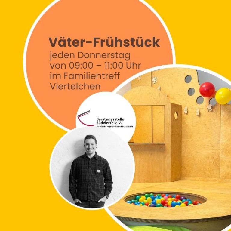 Väter-Frühstück Väterfrühstück-Ankündigung mit Informationen zum Treffen und bunten Elementen.