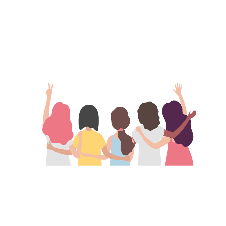 Starke Mädchen Sechs Jugendliche Mädchen von hinten, die sich umarmen und in die Ferne schauen.